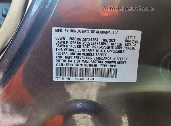 5FNYF6H78HB016286 2017 HONDA PILOT Серый Вид наклейки с VIN-кодом