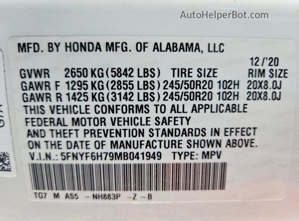 5FNYF6H79MB041949 2021 HONDA PILOT White VIN კოდის სტიკერის ხედი