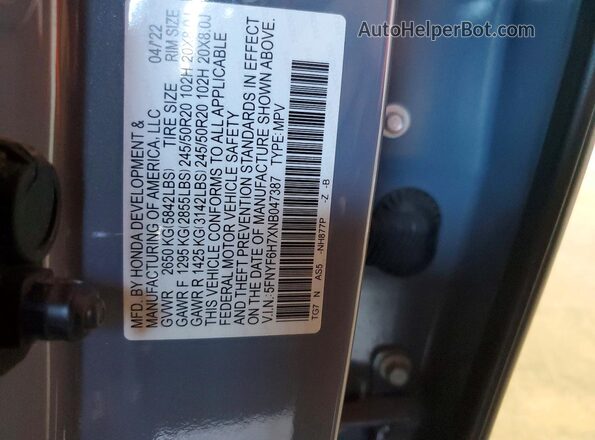 5FNYF6H7XNB047387 2022 HONDA PILOT Blue Շարժիչի բաժամունքի տեսք