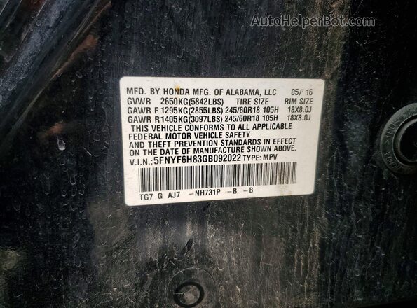 5FNYF6H83GB092022 2016 HONDA PILOT Black VIN կոդի պիտակի տեսք