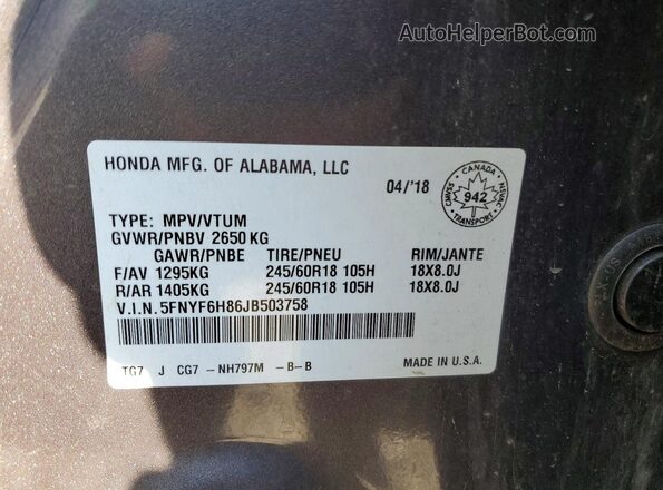 5FNYF6H86JB503758 2018 HONDA PILOT Gray Widok wnętrza 360 stopni