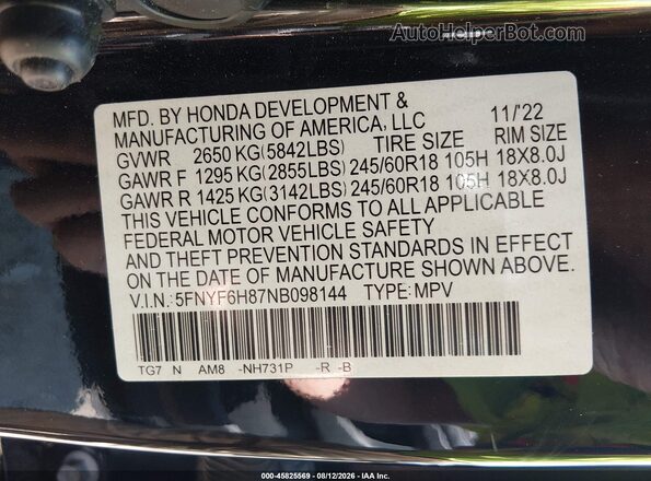 5FNYF6H87NB098144 2022 HONDA PILOT Black Widok komory silnika