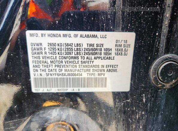 5FNYF6H8XJB006454 2018 HONDA PILOT Black VIN sticker view