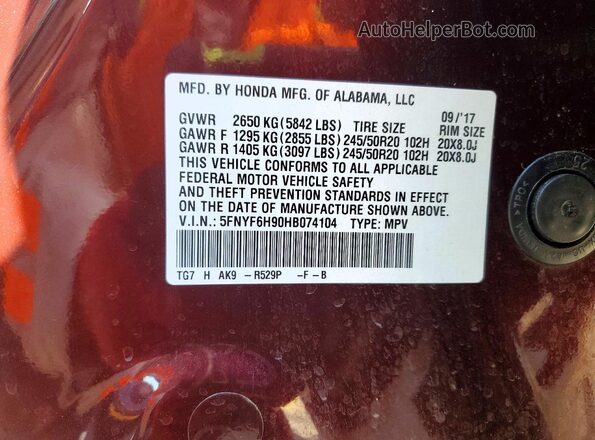 5FNYF6H90HB074104 2017 HONDA PILOT Burgundy Engine compartment view