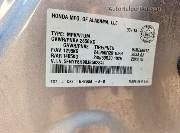 5FNYF6H90JB502341 2018 HONDA PILOT Silver Вид наклейки з VIN-кодом