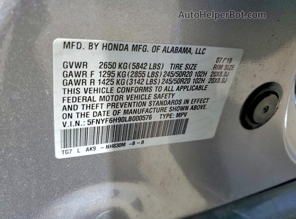 5FNYF6H90LB000576 2020 HONDA PILOT Silver VIN sticker view