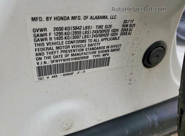 5FNYF6H91HB028958 2017 HONDA PILOT Белый Вид наклейки с VIN-кодом