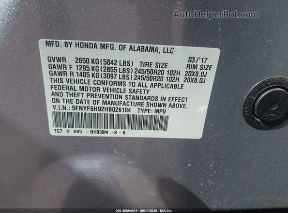 5FNYF6H92HB026104 2017 HONDA PILOT Silver Widok komory silnika