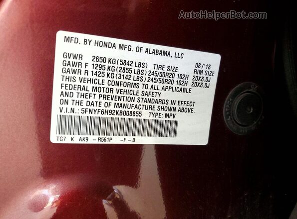 5FNYF6H92KB008855 2019 HONDA PILOT Burgundy Widok komory silnika