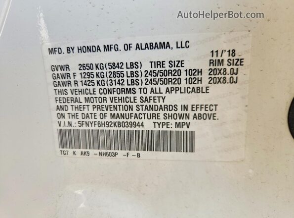 5FNYF6H92KB039944 2019 HONDA PILOT Белый Вид наклейки с VIN-кодом