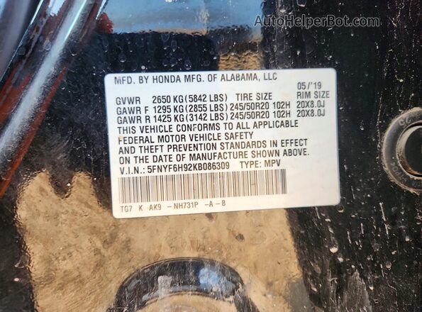 5FNYF6H92KB086309 2019 HONDA PILOT Black Vista de la etiqueta del VIN