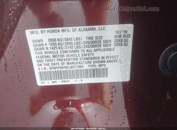 5FNYF6H92LB017864 2020 HONDA PILOT Burgundy Engine compartment view