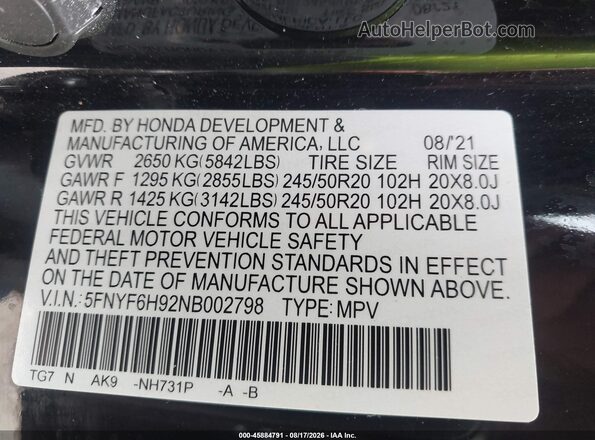 5FNYF6H92NB002798 2022 HONDA PILOT Черный Вид подкапотного пространства