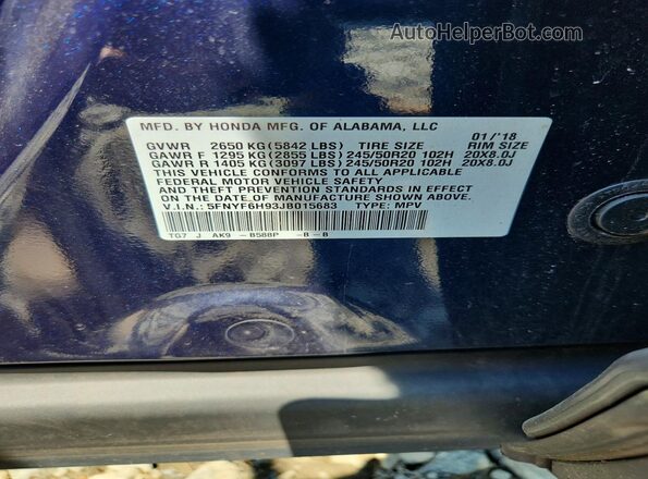 5FNYF6H93JB015683 2018 HONDA PILOT Blue VIN კოდის სტიკერის ხედი