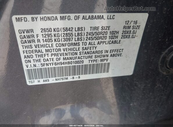 5FNYF6H94HB010020 2017 HONDA PILOT Gray Widok komory silnika