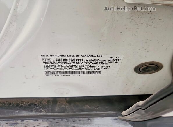 5FNYF6H94HB050226 2017 HONDA PILOT White VIN sticker view