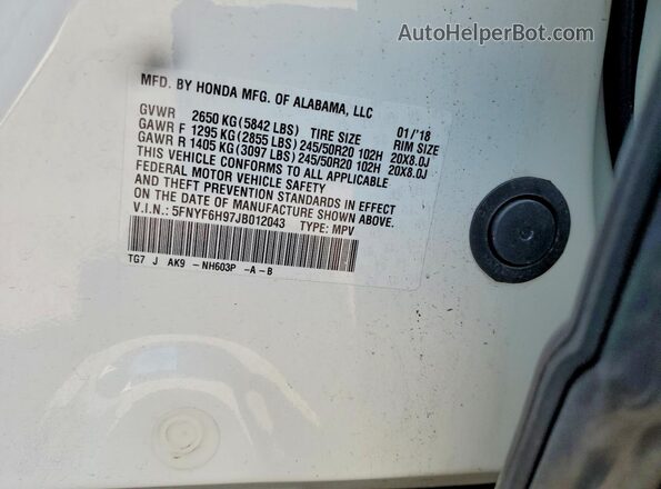 5FNYF6H97JB012043 2018 HONDA PILOT White Widok wnętrza 360 stopni