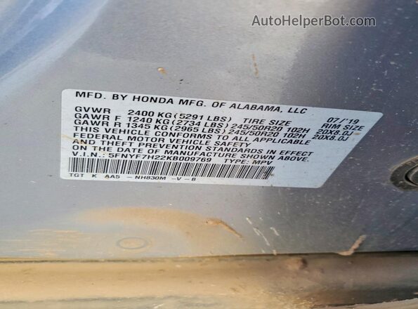 5FNYF7H22KB009769 2019 HONDA PASSPORT Silver VIN კოდის სტიკერის ხედი