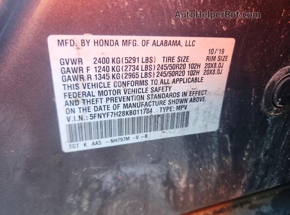 5FNYF7H28KB011784 2019 HONDA PASSPORT Серый Вид наклейки с VIN-кодом
