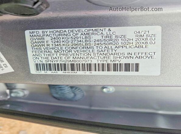 5FNYF7H29MB007973 2021 HONDA PASSPORT Silver VIN կոդի պիտակի տեսք