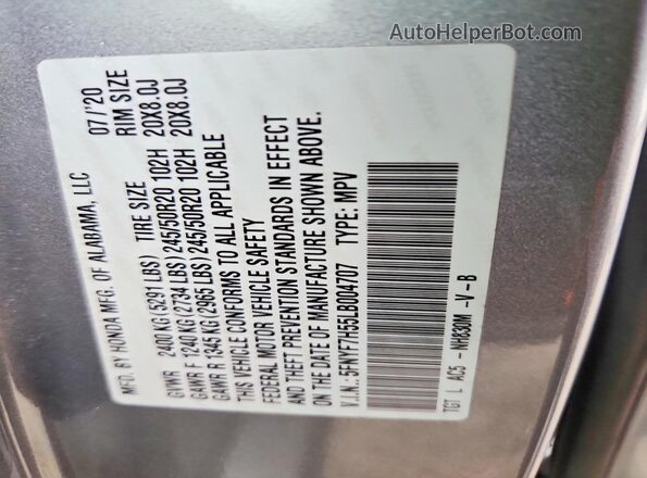 5FNYF7H55LB004707 2020 HONDA PASSPORT Silver VIN կոդի պիտակի տեսք