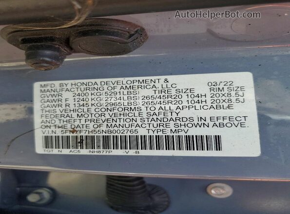 5FNYF7H55NB002765 2022 HONDA PASSPORT Gray Вид наклейки з VIN-кодом