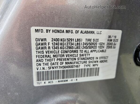 5FNYF7H56KB007467 2019 HONDA PASSPORT Silver VIN კოდის სტიკერის ხედი