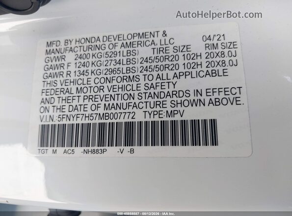 5FNYF7H57MB007772 2021 HONDA PASSPORT White Widok komory silnika