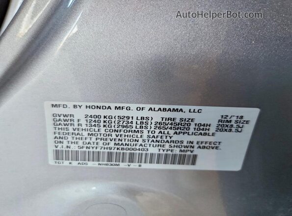 5FNYF7H97KB000403 2019 HONDA PASSPORT Silver VIN კოდის სტიკერის ხედი