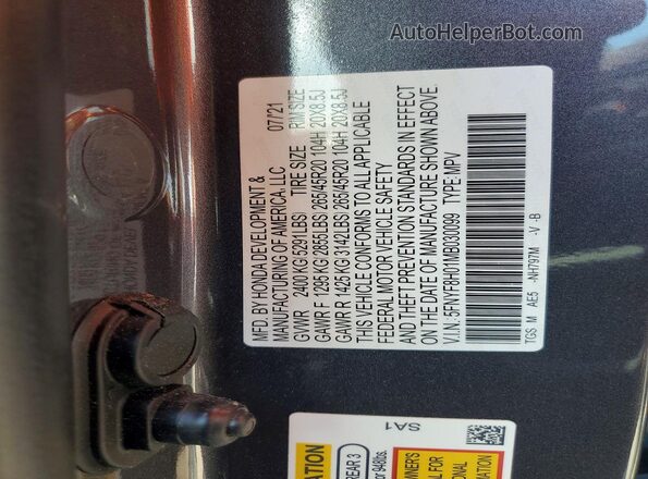 5FNYF8H01MB030099 2021 HONDA PASSPORT Gray Widok naklejki z numerem VIN