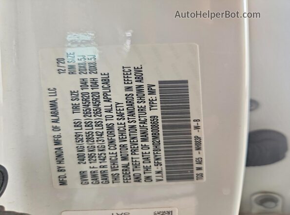 5FNYF8H02MB008659 2021 HONDA PASSPORT White VIN sticker view