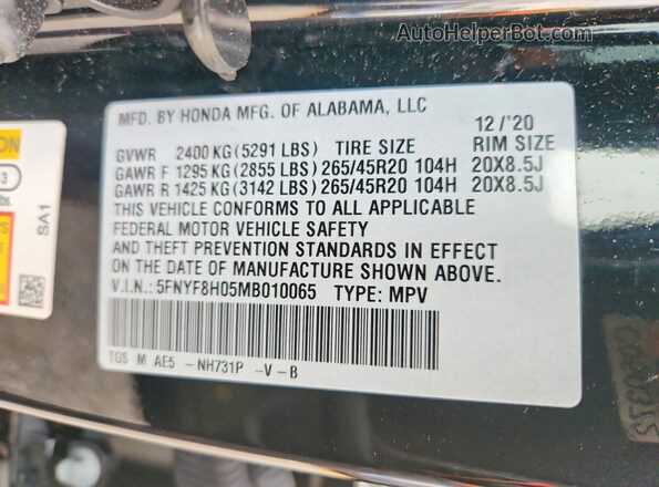 5FNYF8H05MB010065 2021 HONDA PASSPORT Черный Вид наклейки с VIN-кодом