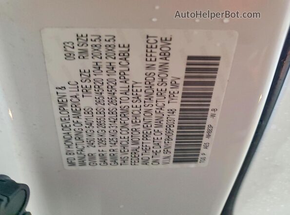 5FNYF8H06PB037148 2023 HONDA PASSPORT White VIN კოდის სტიკერის ხედი