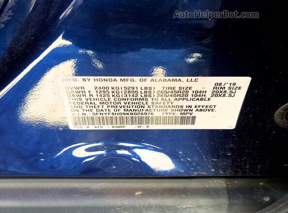 5FNYF8H09KB026976 2019 HONDA PASSPORT Синий Вид наклейки с VIN-кодом