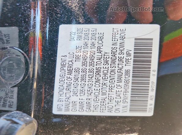 5FNYF8H09NB012886 2022 HONDA PASSPORT Black VIN sticker view