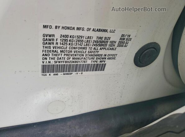 5FNYF8H23KB017787 2019 HONDA PASSPORT White VIN կոդի պիտակի տեսք