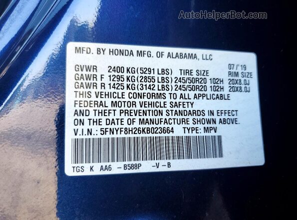 5FNYF8H26KB023664 2019 HONDA PASSPORT Blue VIN sticker view