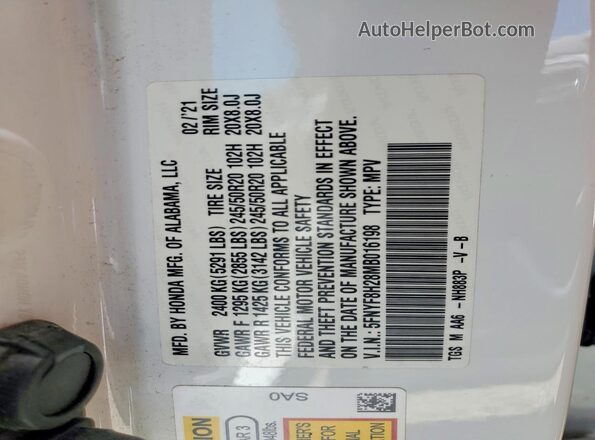 5FNYF8H28MB016198 2021 HONDA PASSPORT White Vista de la etiqueta del VIN