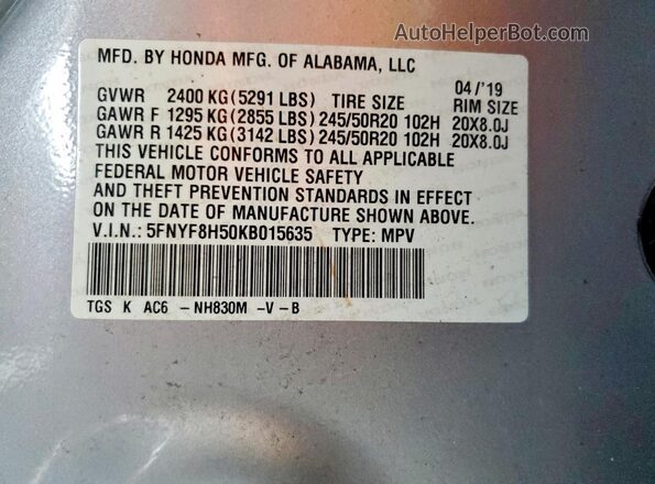 5FNYF8H50KB015635 2019 HONDA PASSPORT Silver Widok komory silnika