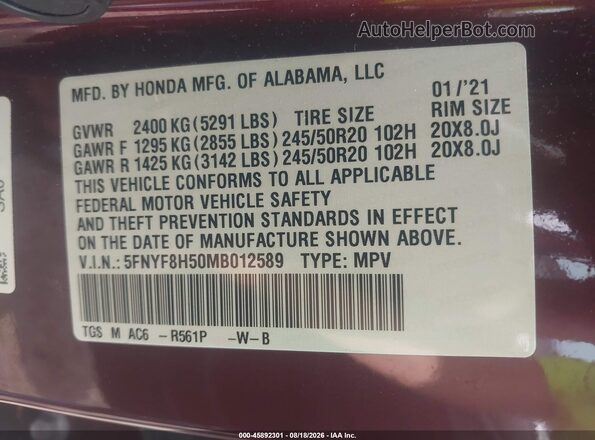 5FNYF8H50MB012589 2021 HONDA PASSPORT Burgundy ძრავის განყოფილების ხედი
