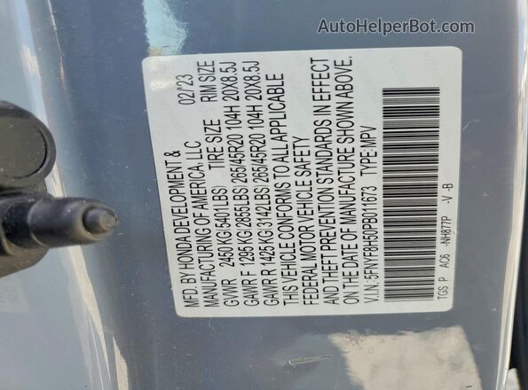 5FNYF8H50PB011673 2023 HONDA PASSPORT Gray VIN კოდის სტიკერის ხედი