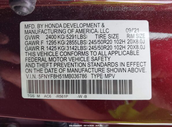 5FNYF8H51MB036786 2021 HONDA PASSPORT Maroon Engine compartment view