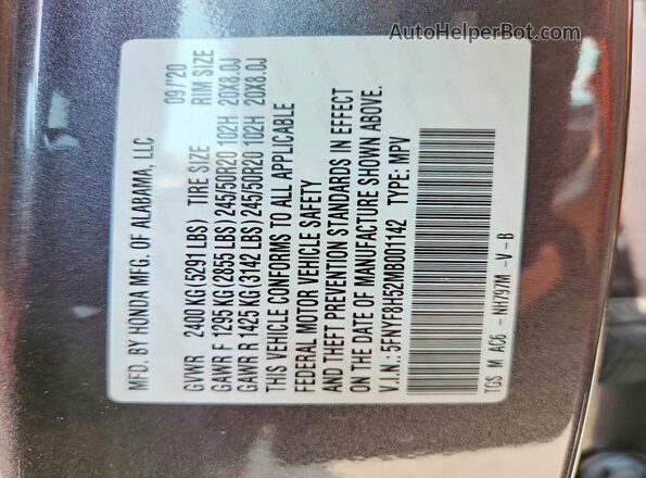 5FNYF8H52MB001142 2021 HONDA PASSPORT Gray VIN կոդի պիտակի տեսք