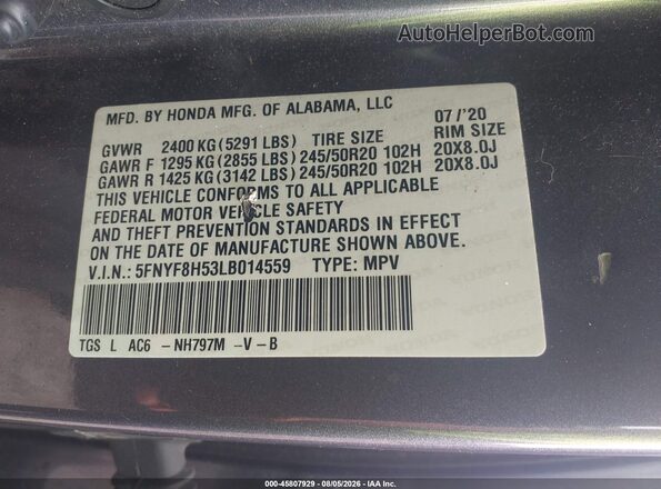 5FNYF8H53LB014559 2020 HONDA PASSPORT Gray Շարժիչի բաժամունքի տեսք