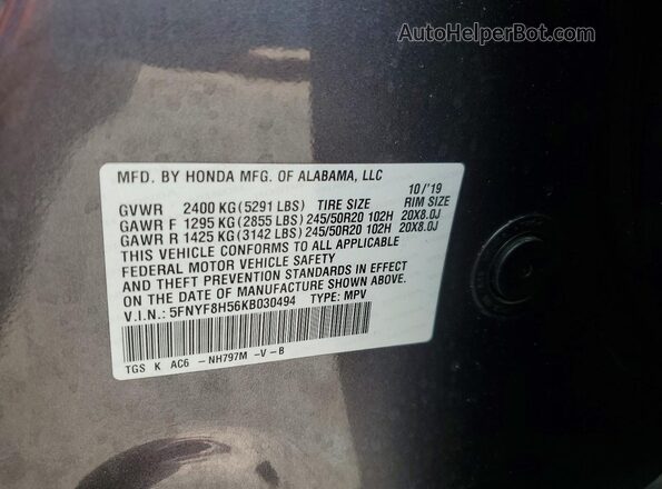 5FNYF8H56KB030494 2019 HONDA PASSPORT Blue VIN კოდის სტიკერის ხედი