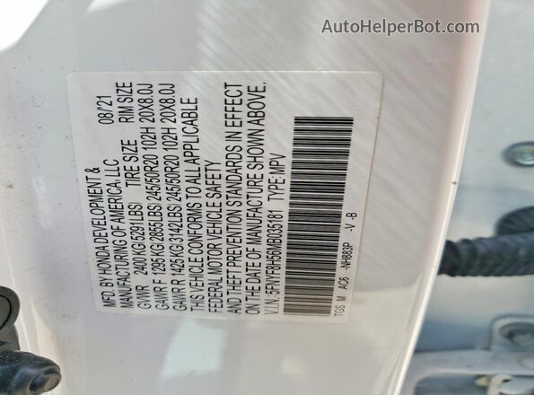 5FNYF8H56MB035181 2021 HONDA PASSPORT White Вид наклейки з VIN-кодом