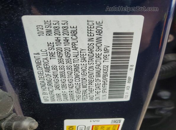 5FNYF8H5XPB043532 2023 HONDA PASSPORT Синий Вид наклейки с VIN-кодом