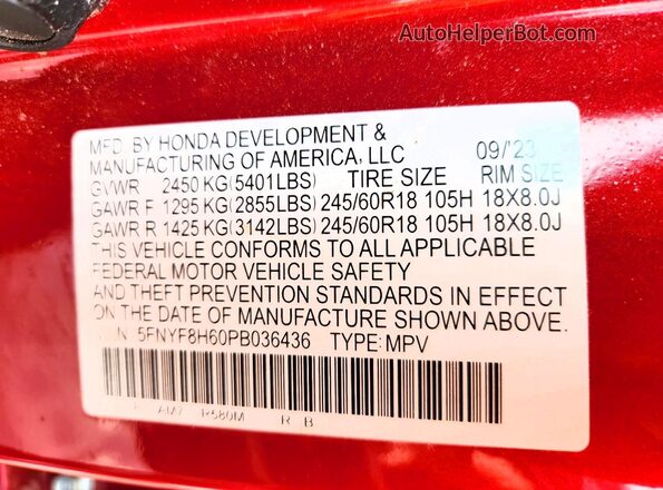 5FNYF8H60PB036436 2023 HONDA PASSPORT Red Вид наклейки з VIN-кодом