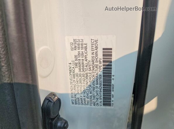 5FNYF8H62NB007808 2022 HONDA PASSPORT White Vista de la etiqueta del VIN