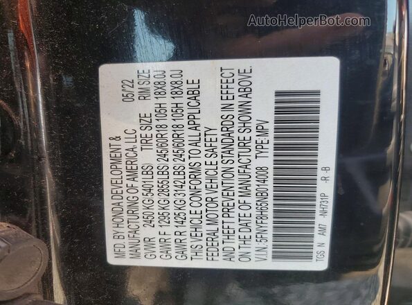 5FNYF8H65NB014008 2022 HONDA PASSPORT Black Вид наклейки з VIN-кодом